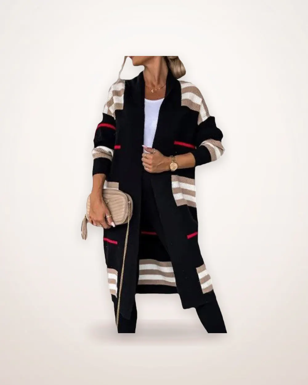 Long Striped Contrast Knit Cardigan