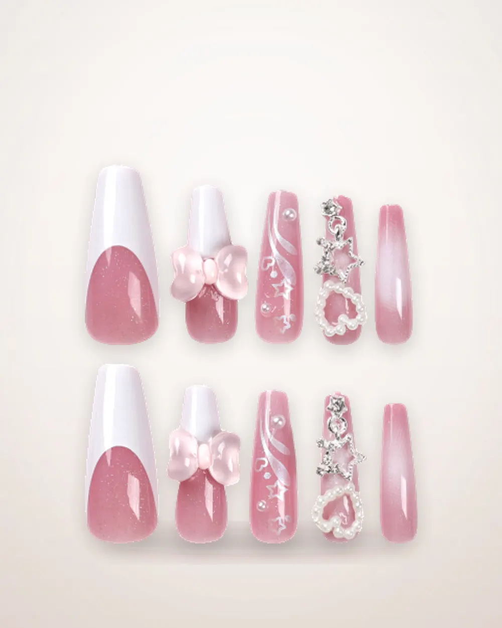 Long Square Press-On Nails with Bear Bow Motif