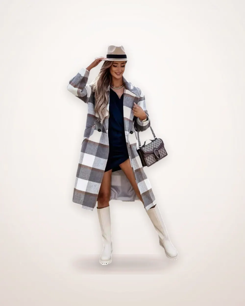Checked Mid-Length Tie-Waist Coat
