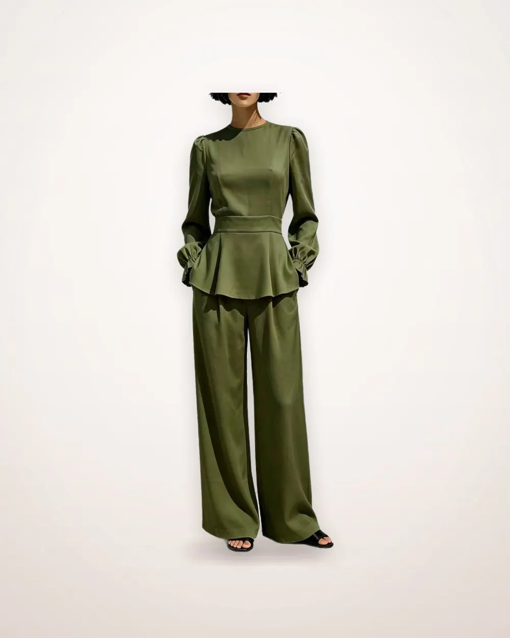 Puff Sleeve Waist-Defining Top and Trouser Set