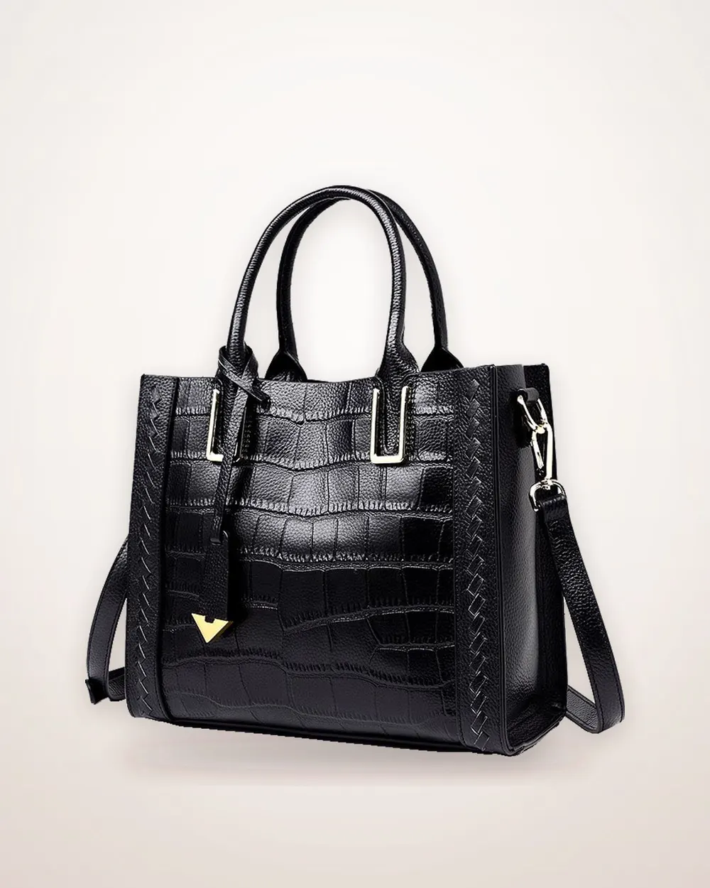 Crocodile-Embossed Leather Tote Bag