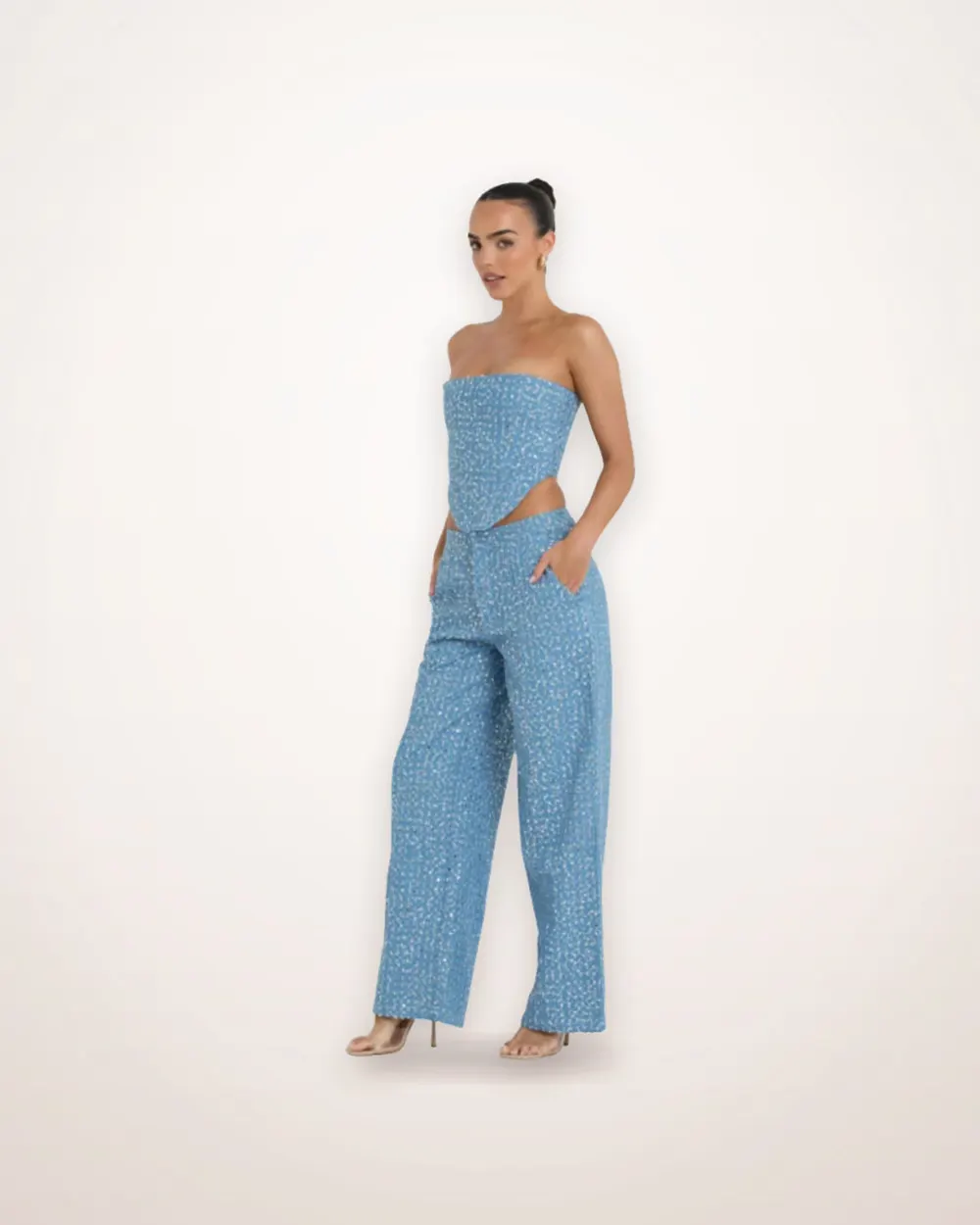 Sequined Denim Tube Top and Wide Leg Pants Set