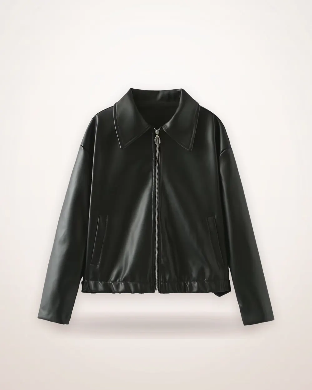 Lapel Collar Faux Leather Zip Jacket