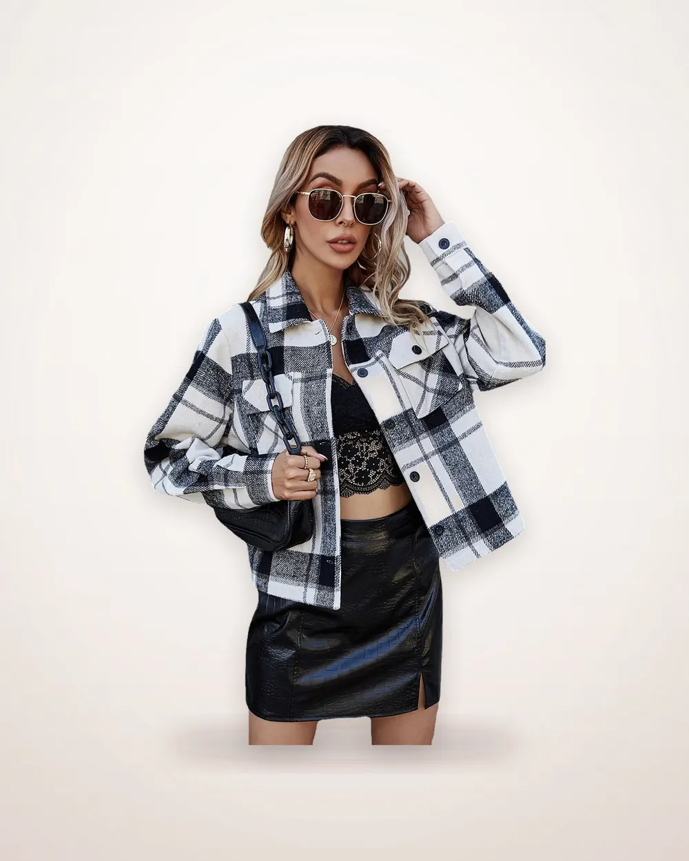 Short Plaid Single-Breasted Coat