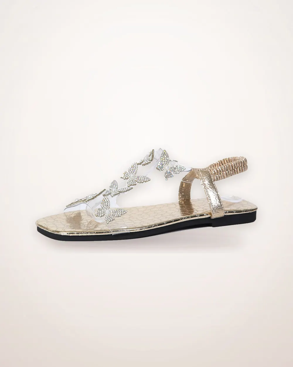 Butterfly Rhinestone Square-Toe Flat Sandals