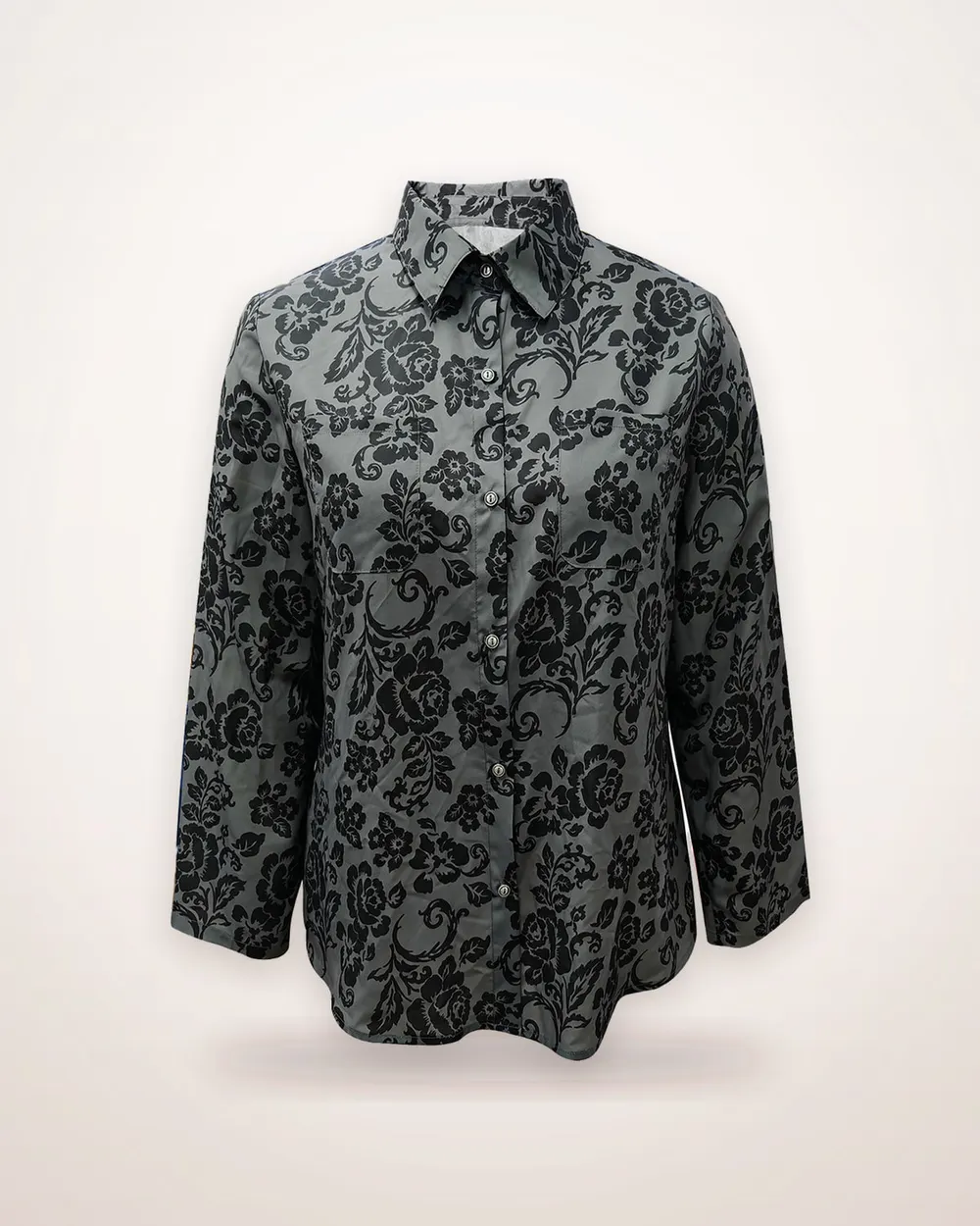 Gray Floral Damask Button-Front Shirt