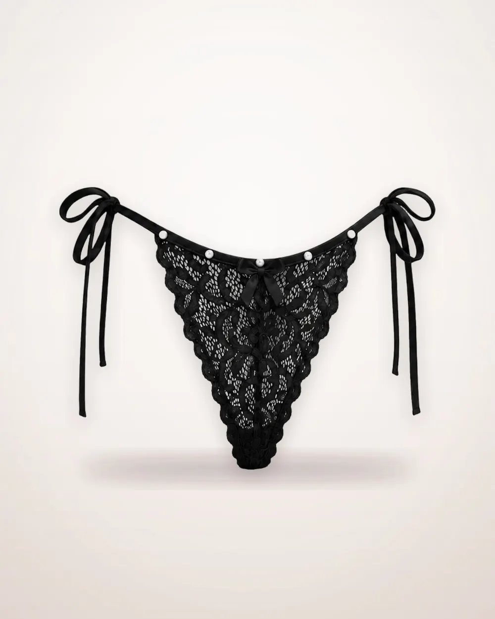 Pearl-Embellished Openwork Lace Thong