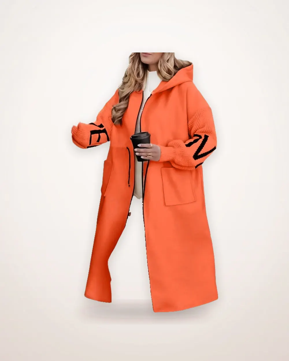 Hooded Long Windbreaker with Knit Sleeves