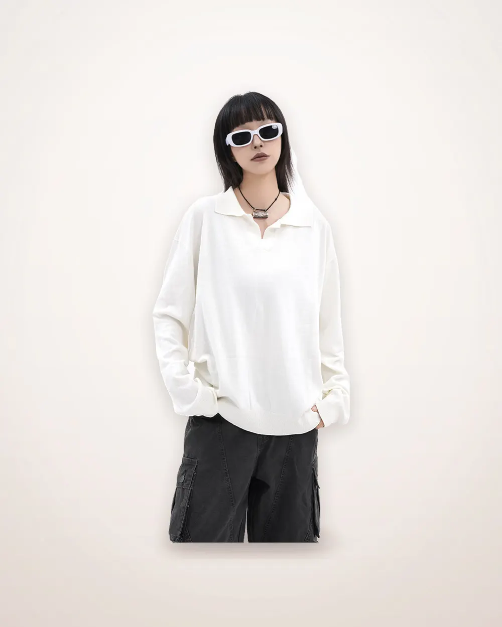 Flocked Half-Open Long Sleeve Polo Shirt