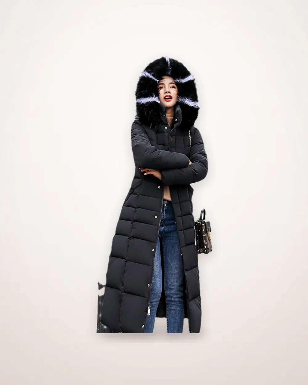 Longline Padded Coat with Faux Fur Collar