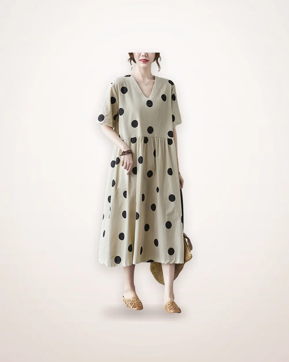 Linen-Cotton V-Neck Short-Sleeve Dress