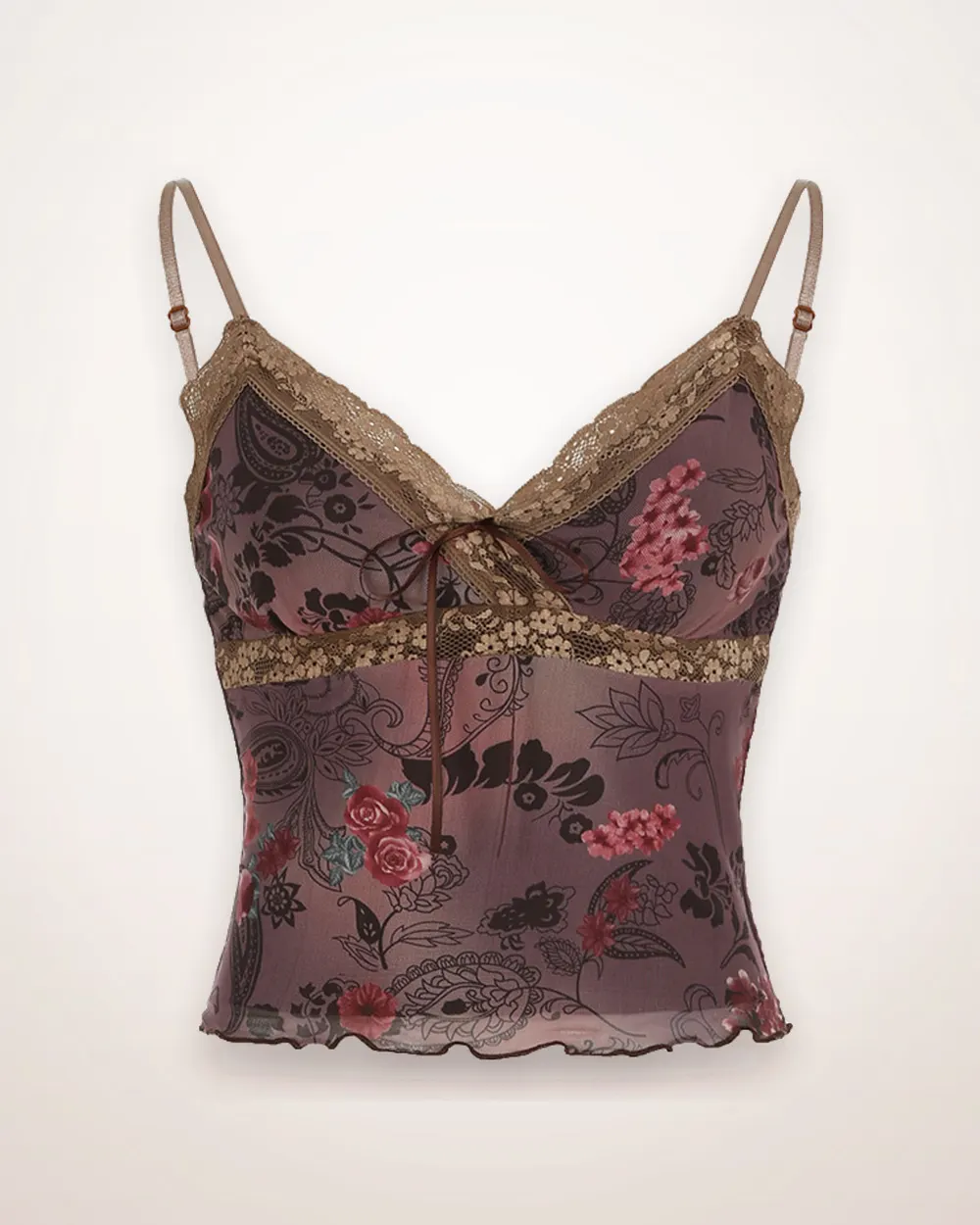 Floral Mesh Lace-Trim Camisole