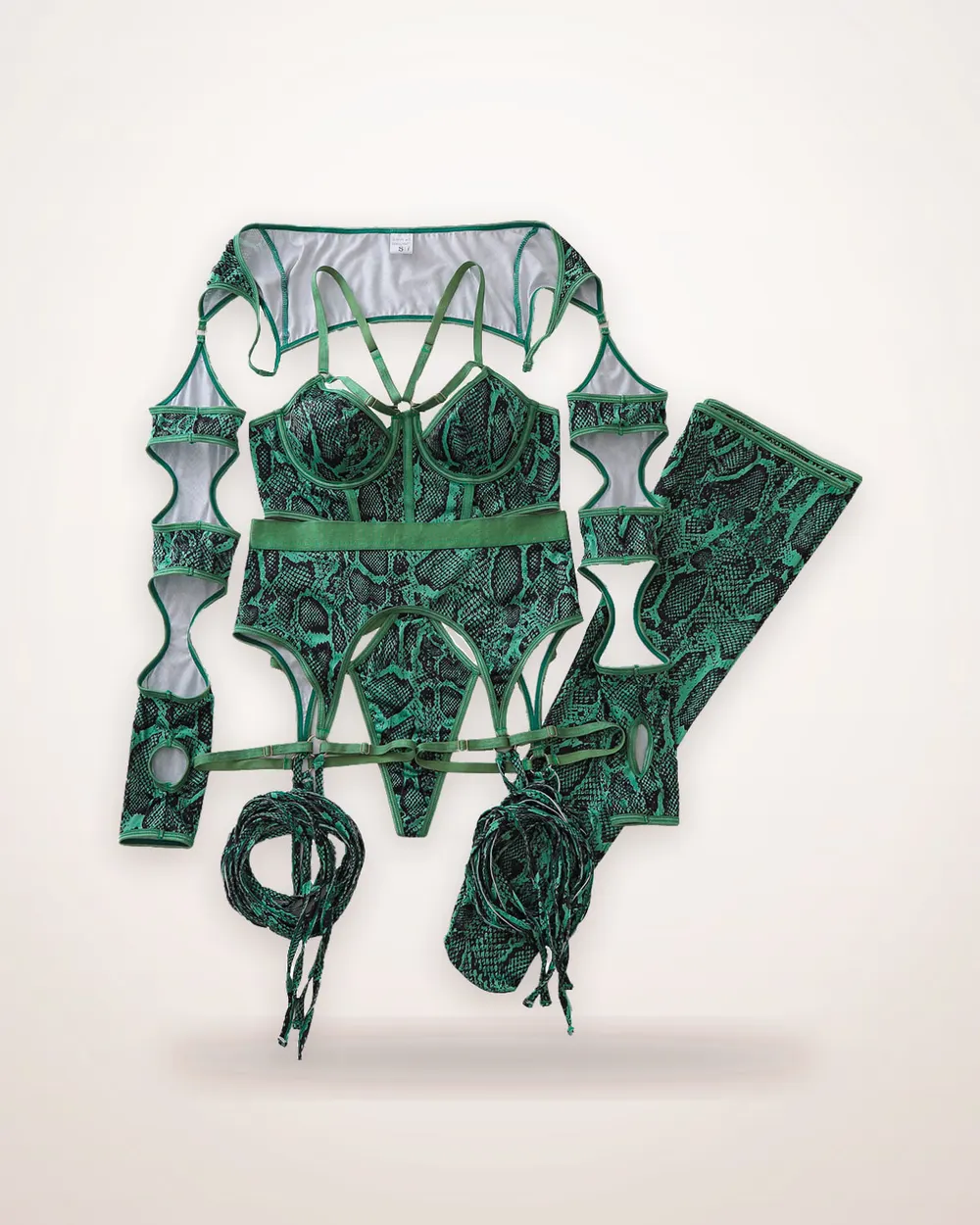 Snake-Pattern Lace-Up Lingerie Set with Stockings