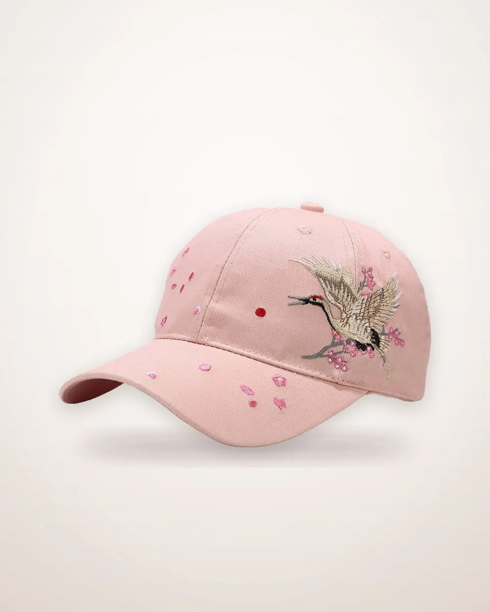 Cotton Baseball Cap with Embroidered Crane