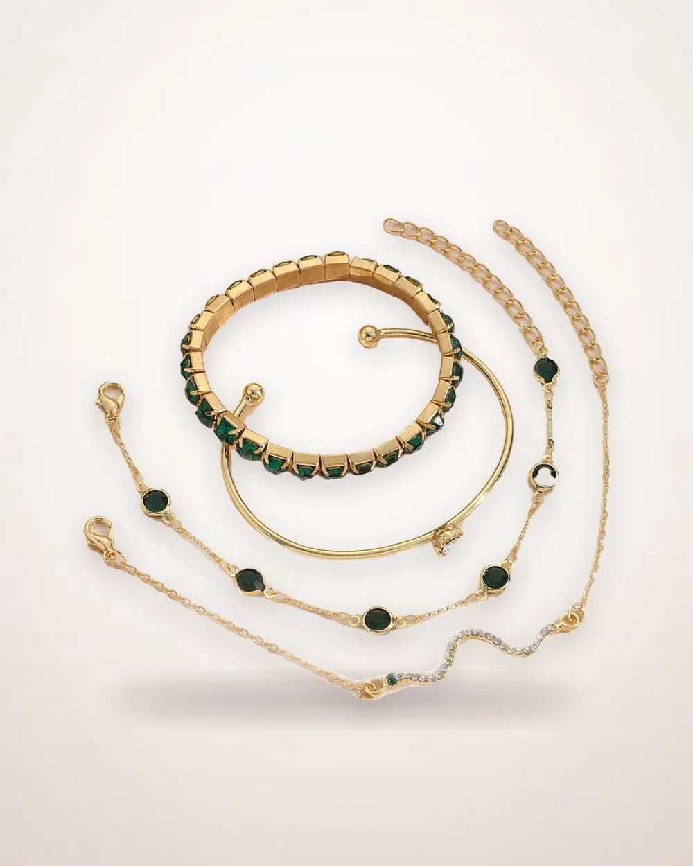 Green Stone Stretch Bracelet Set, 4 Pieces