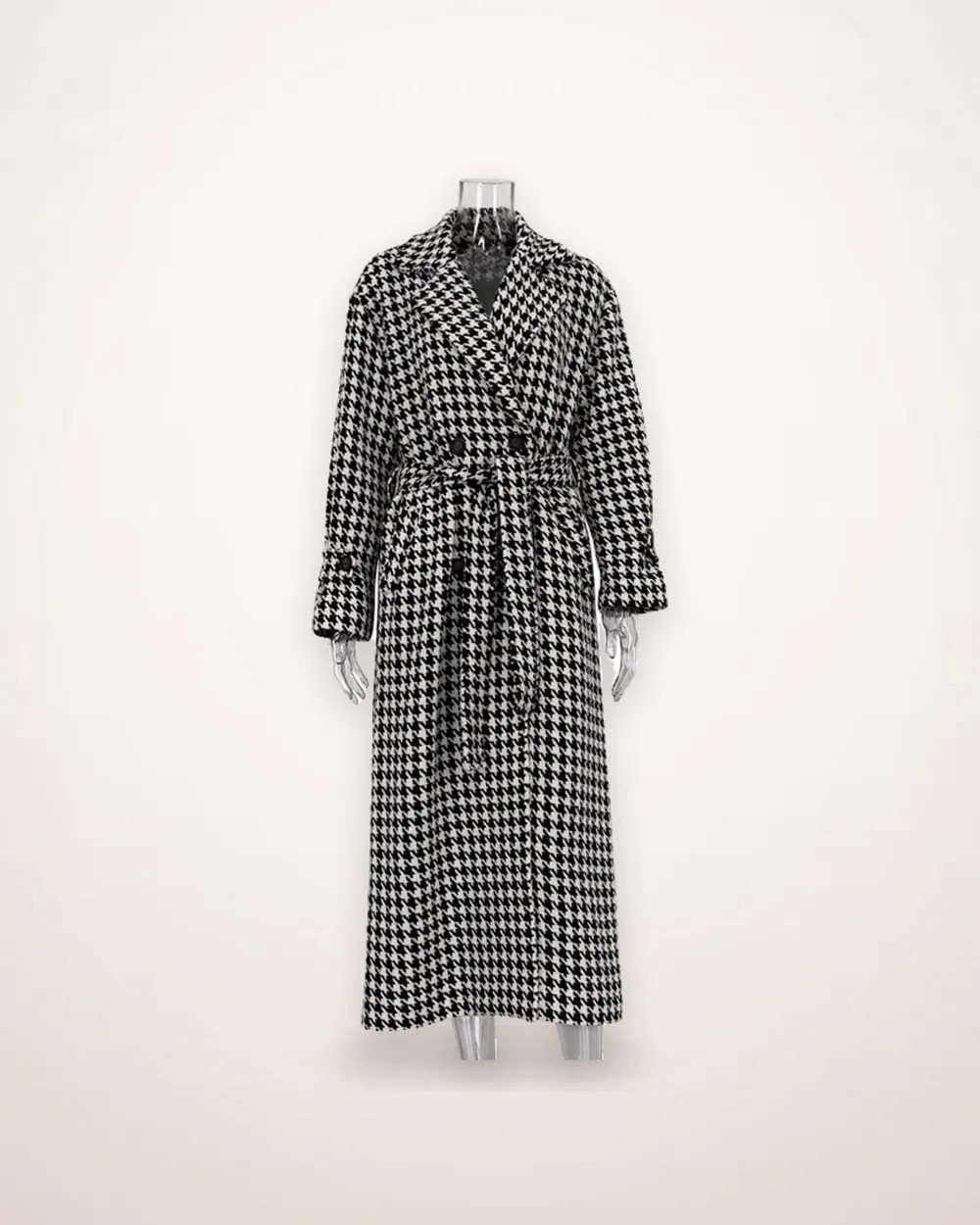 Houndstooth Belted Long Trench Coat