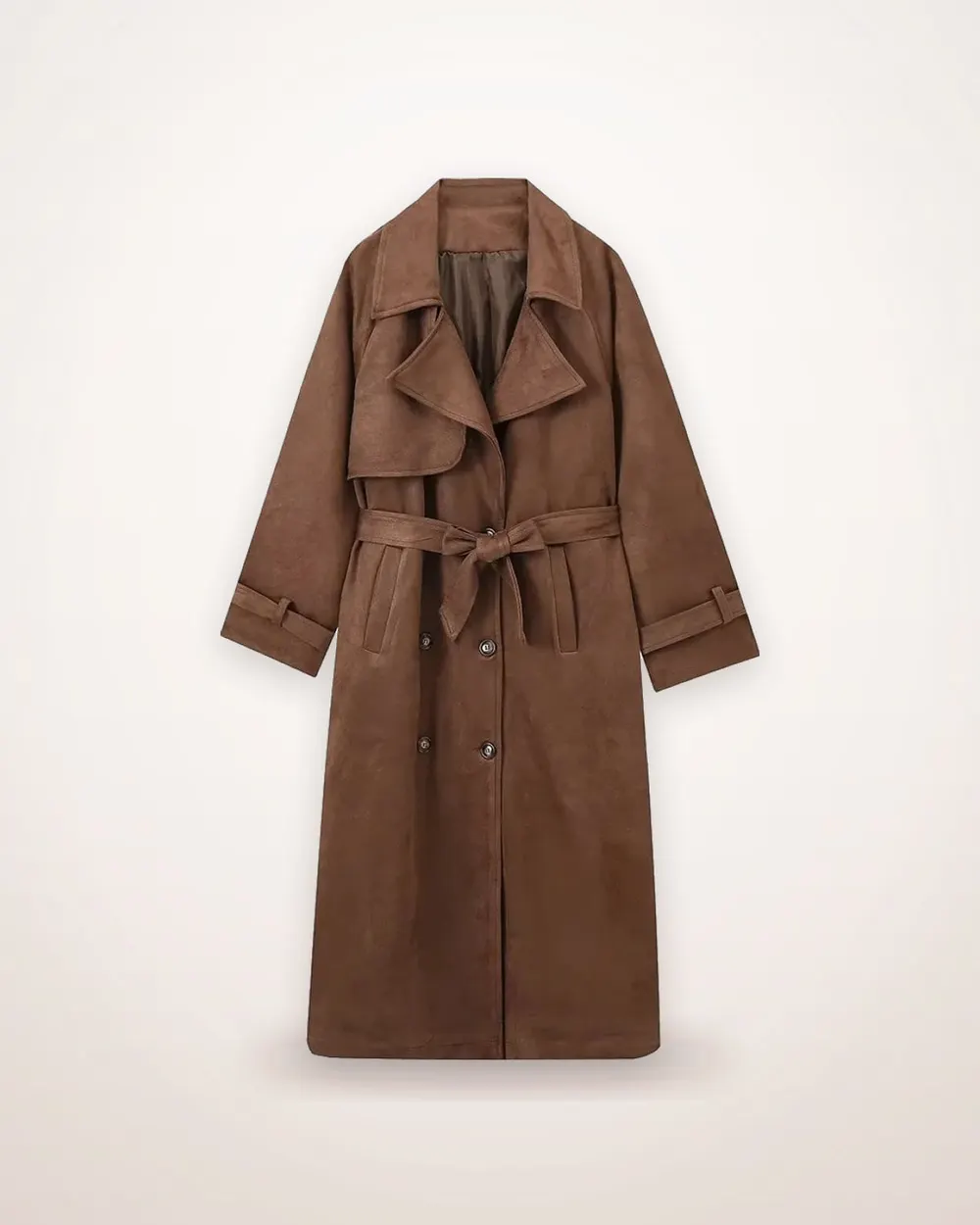 Suede-Effect Double-Breasted Long Coat