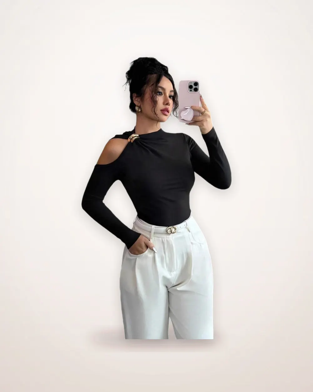Asymmetric Off-Shoulder Metal Trim Top