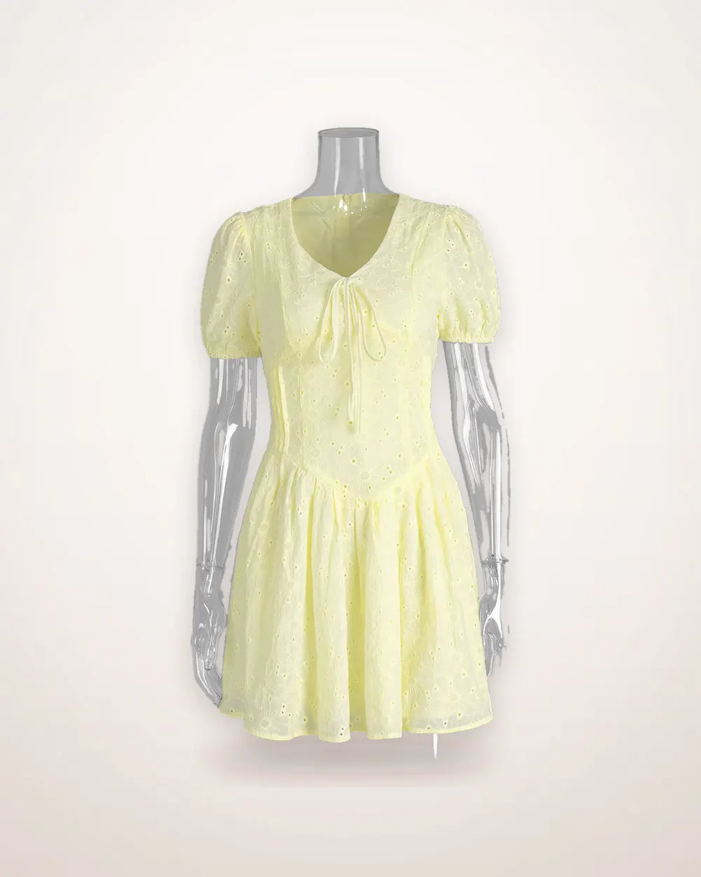Yellow Cotton Embroidered Short Dress