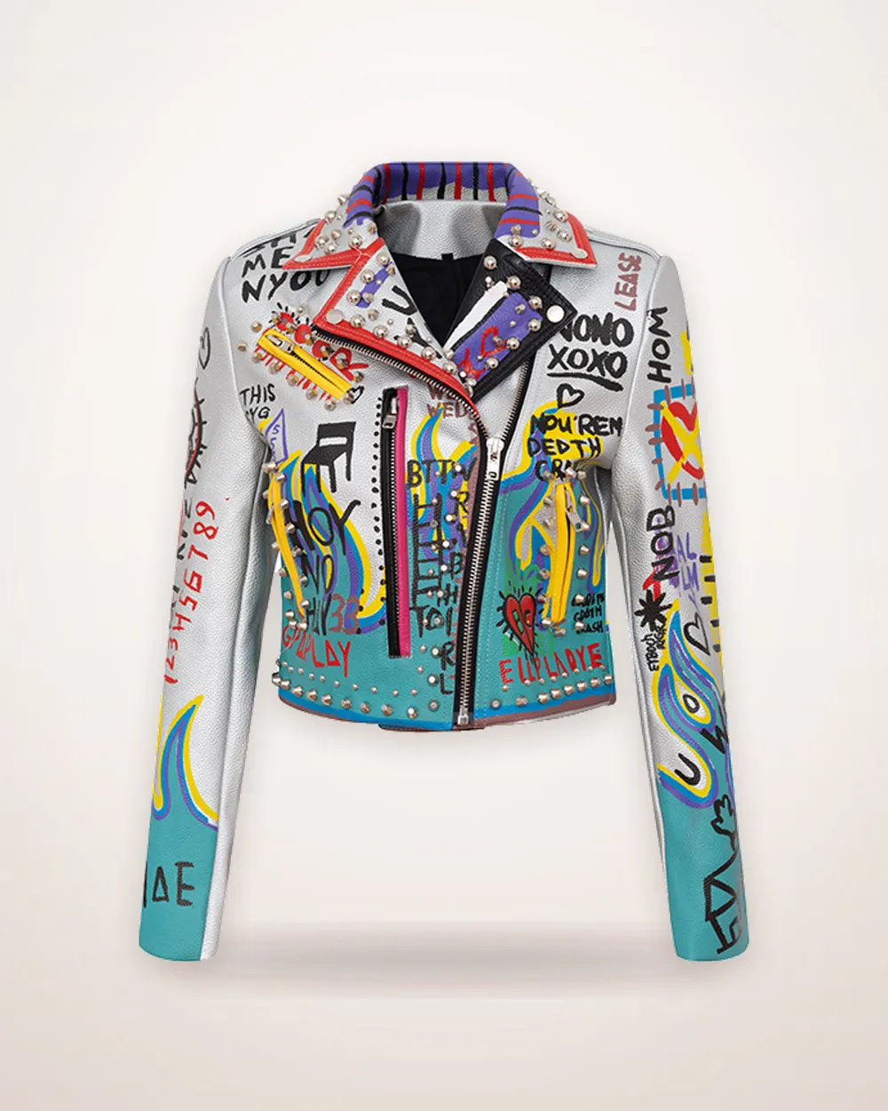 Studded Contrast Faux Leather Moto Jacket