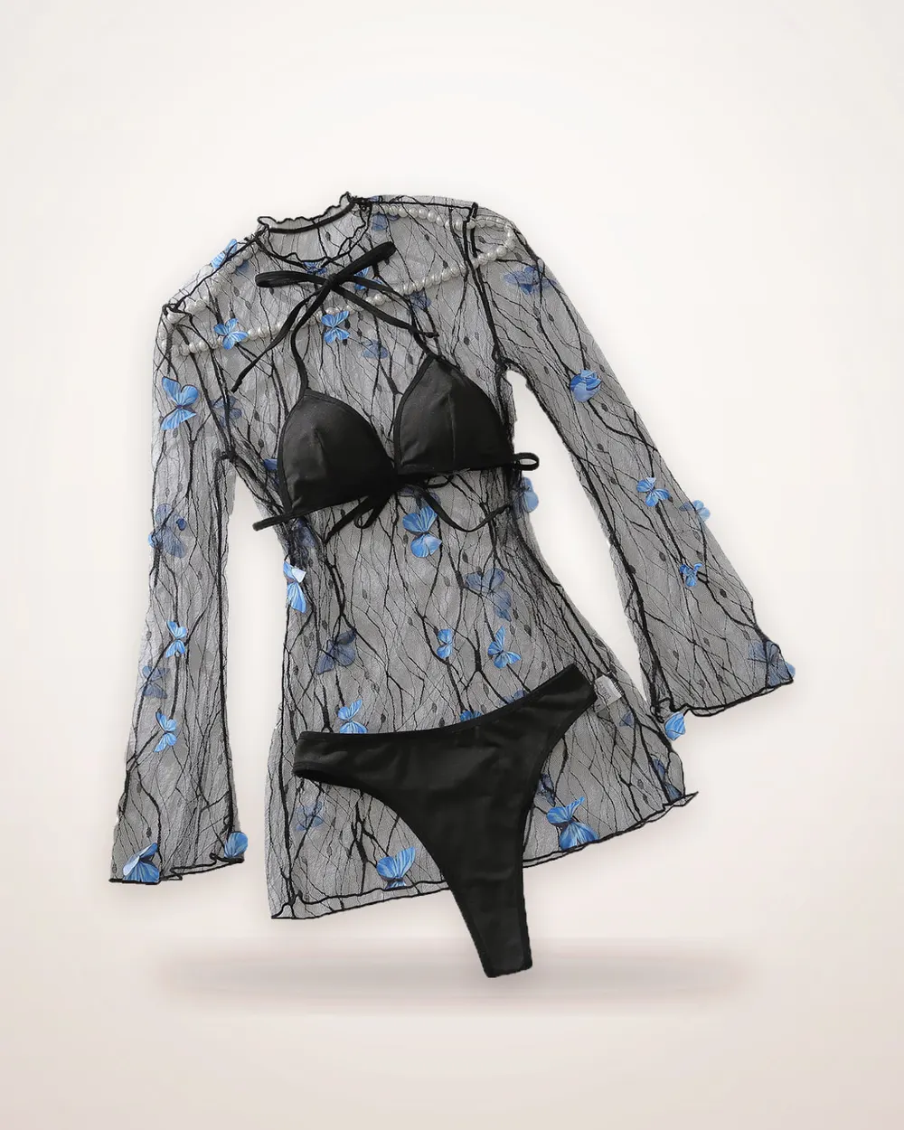Sheer Mesh Three-Piece Lingerie Set