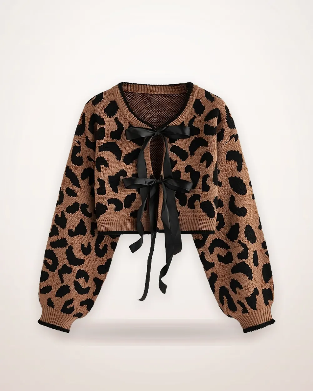 Leopard Print Bow Knit Cardigan