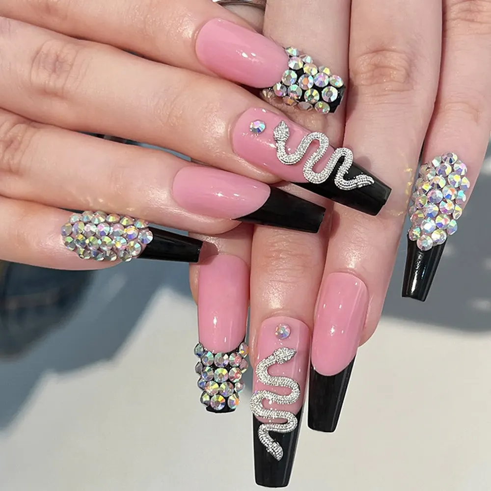 Long Square Press-On Nails, Diamond Snake