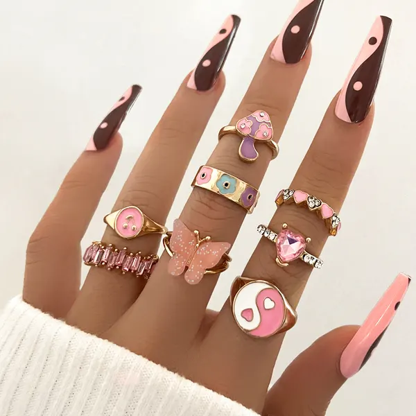 Floral Ring Set of 8 with Color Insets