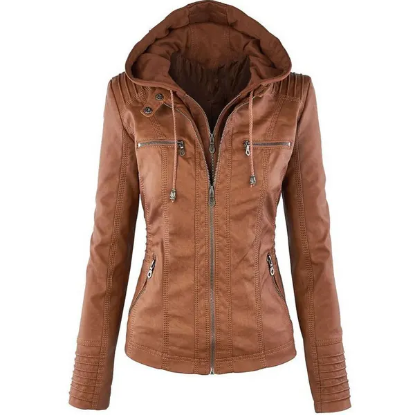 Detachable Hood Faux Leather Zip Jacket