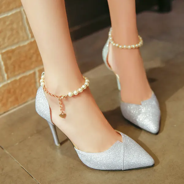 Pearl Bead Sequined Pointed Pumps