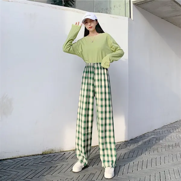 Plaid Wide-Leg High-Waist Trousers