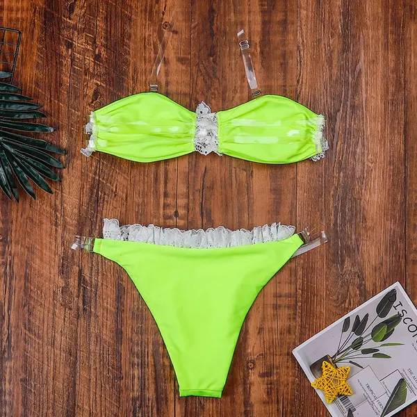 Lace-Trim Bikini Set in Solid Color
