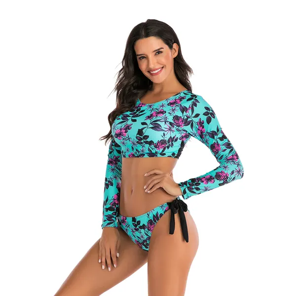 Floral Long-Sleeve Two-Piece Swimsuit