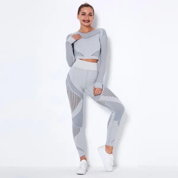 Striped Knit Long-Sleeve Yoga Set