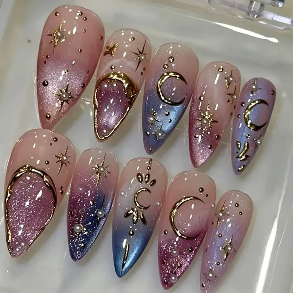 Short Almond Press-On Nails with Gold Pearls