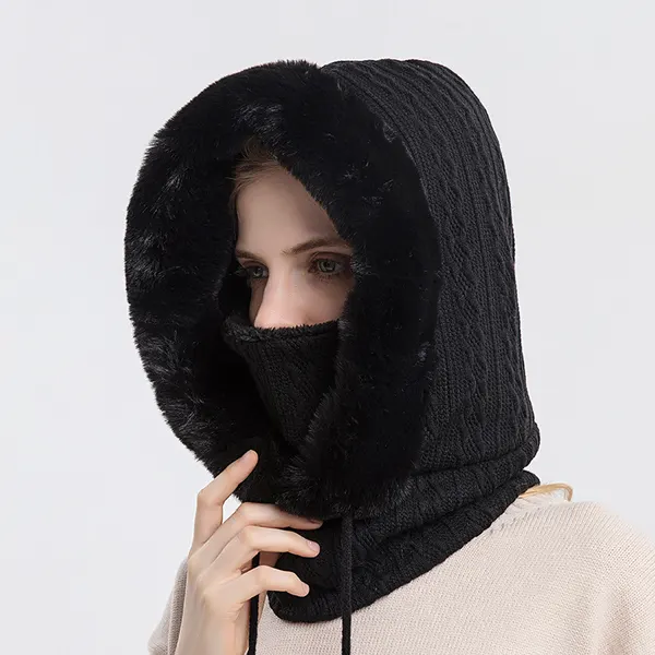Plush Knit Hooded Hat with Scarf