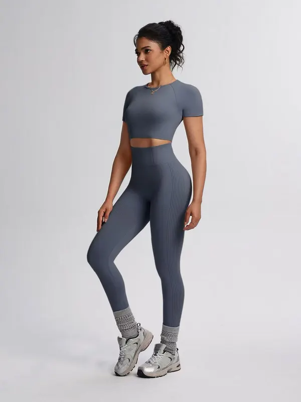 Short Sleeve Crop Top and Ribbed Leggings Set