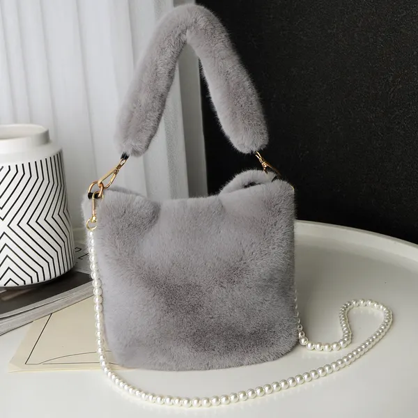 Plush Bucket Bag with Pearl Chain