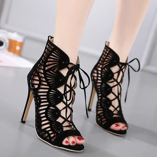 Lace Cutout Suede Peep-Toe Stiletto