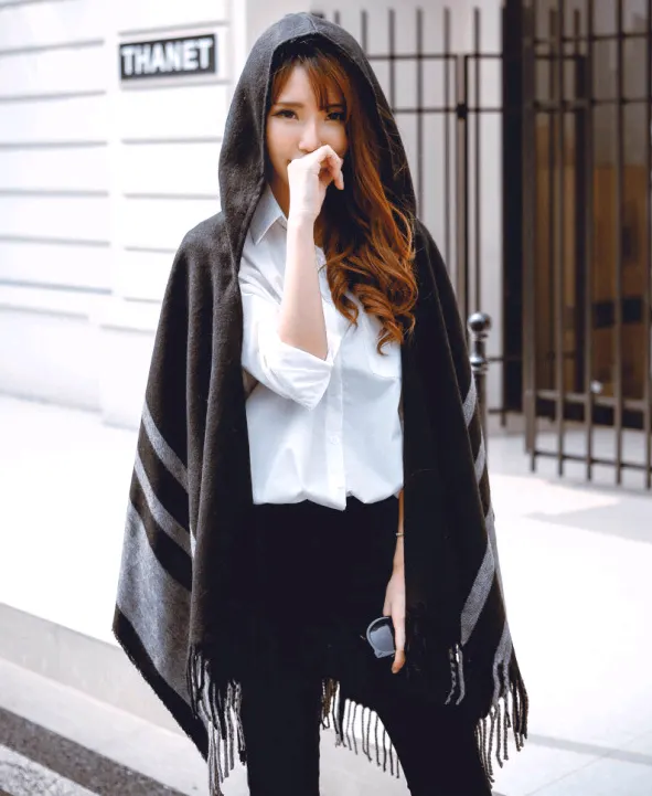 Hooded Lattice Shawl with Tassels