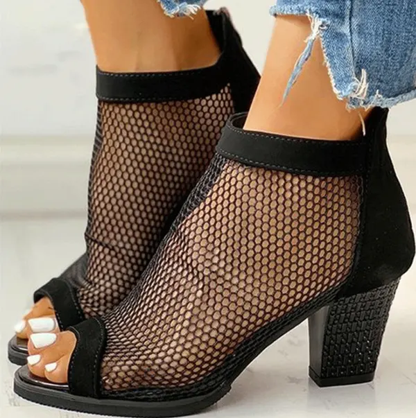 Peep-Toe Mesh Ankle Boot with Chunky Heel