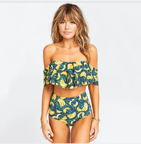 Striped Ruffle Bandeau High-Waist Bikini
