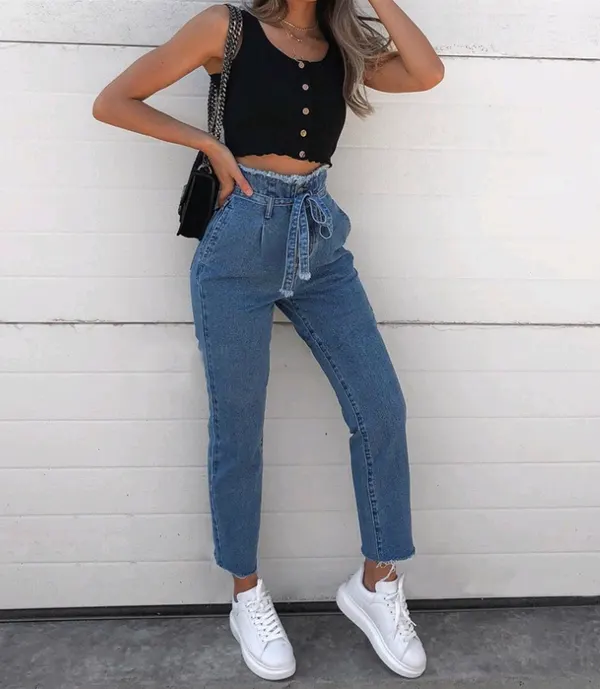 High-Waisted Washed Denim Pencil Jeans