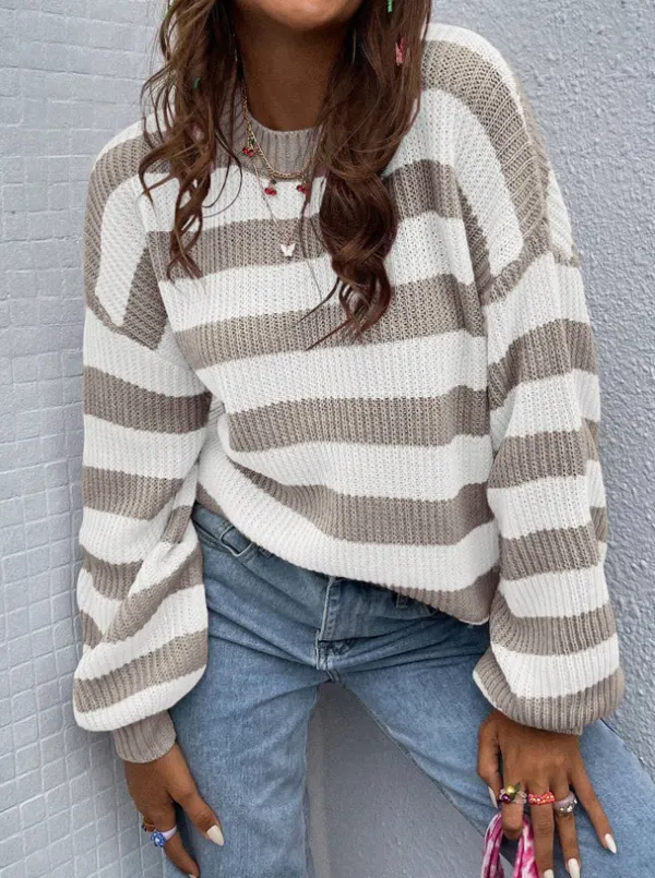 Striped Drop-Shoulder Rib-Knit Sweater