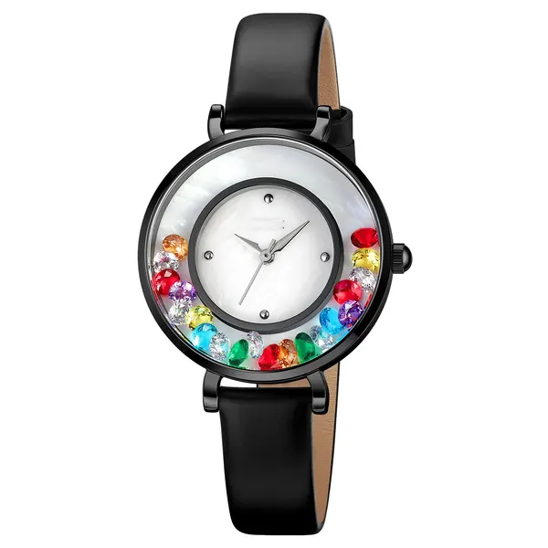 Gemstone Ball Round Leather Watch