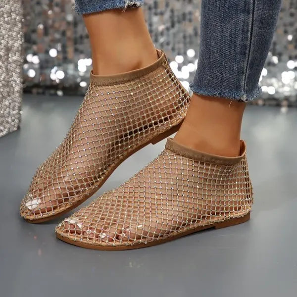 Rhinestone Mesh Round Toe Flat Sandals