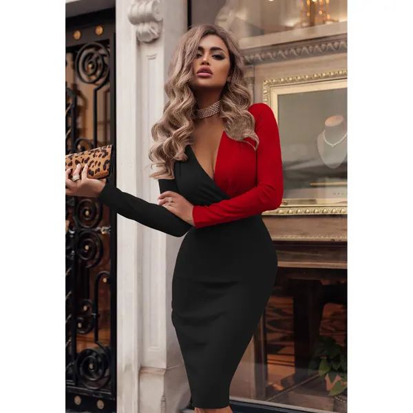 Pleated Colorblock V-Neck Midi Dress