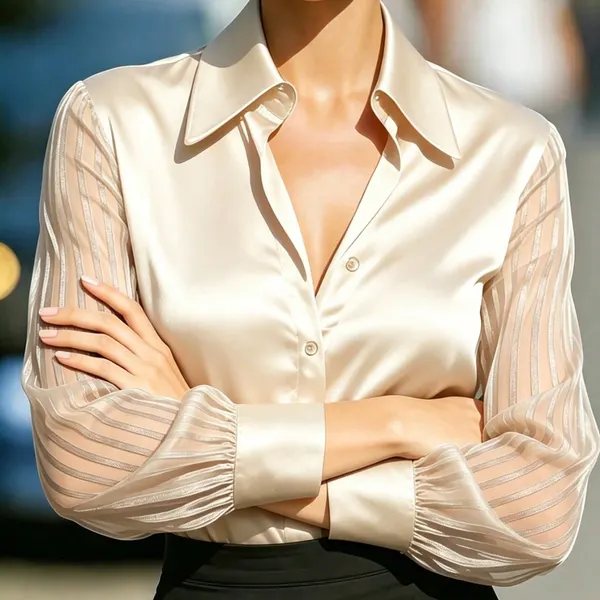 Satin-Front Sheer Sleeve Woven Blouse