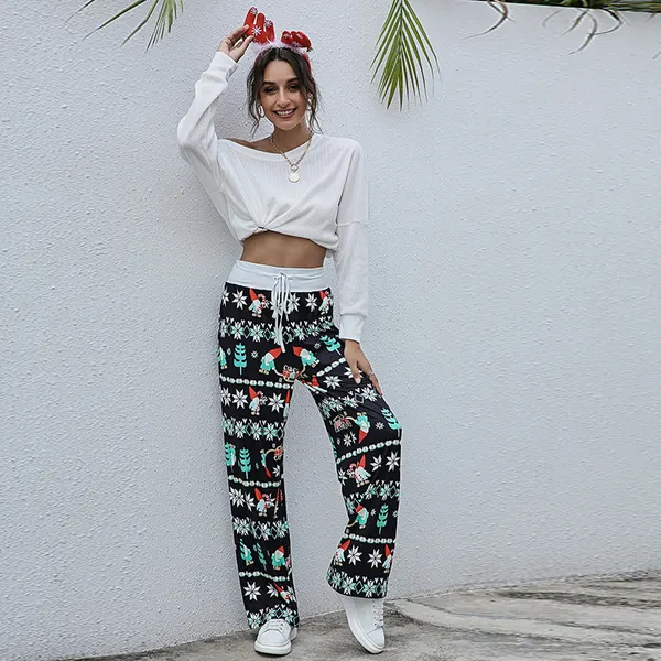 Drawstring Christmas Print Trousers