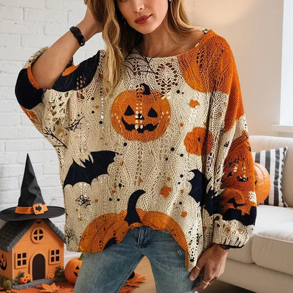 Pumpkin Print Batwing Cutout Blouse